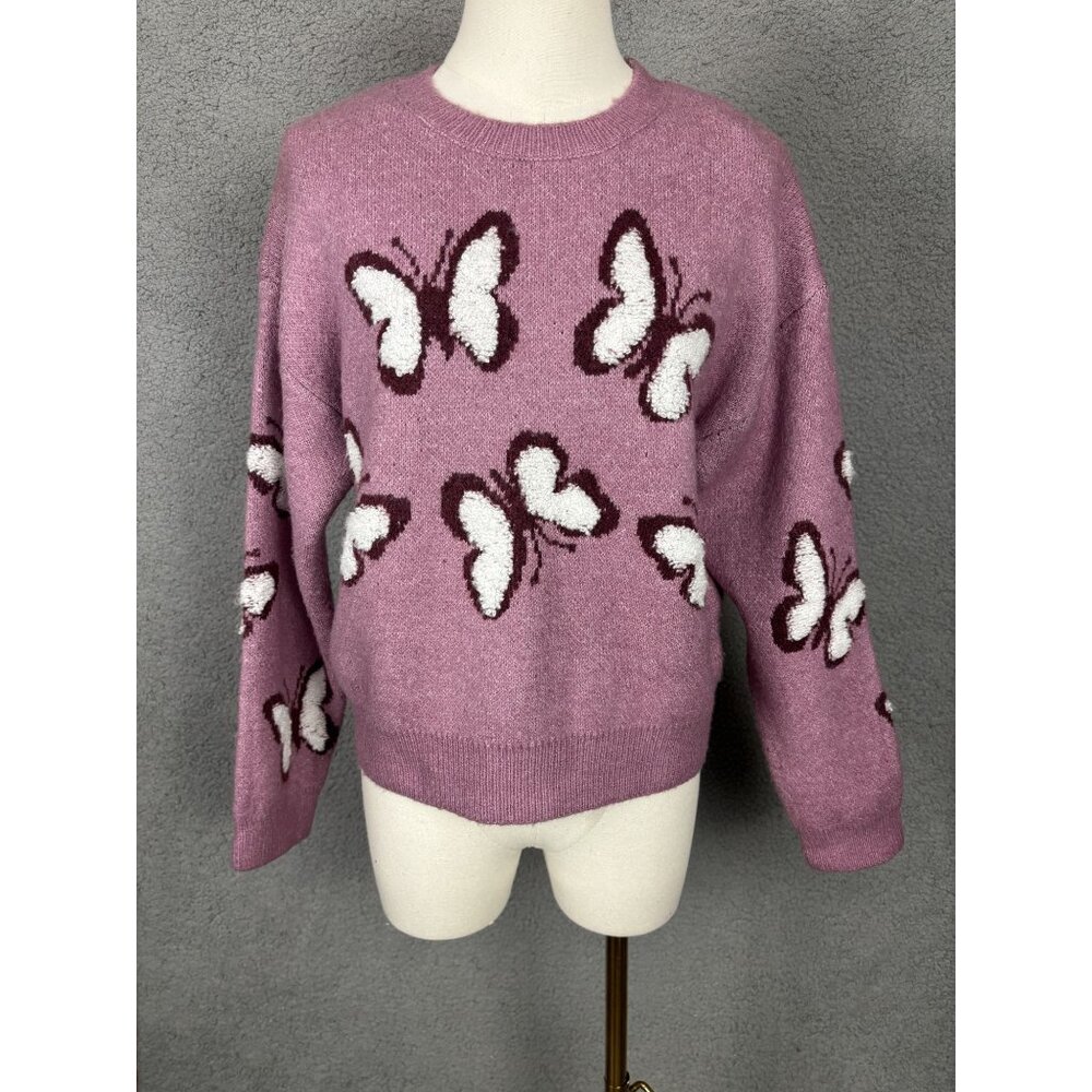 Hooked Up  Junior "It Girl" Butterfly Pattern Crewneck Sweater Pink  Medium NWTs